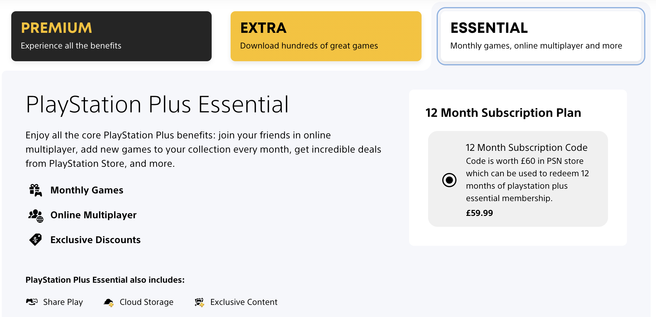 Playstation plus 12 month essential code